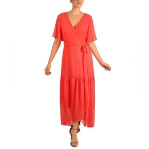 New Donna Ricco Coral Sash Belt Dress Chiffon Short Sleeve Wrap Style Size 12